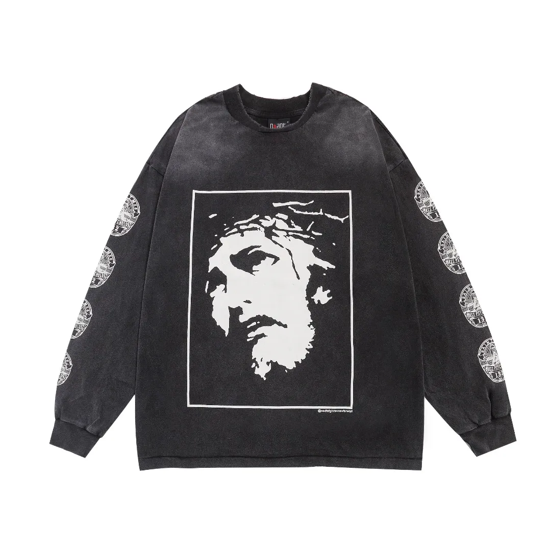 Saint Michael OF MICHAEL trendy brand portrait print distressed washed loose cotton casual heavyweight vintage long-sleeved bottoming shirt Fabric: 260g Style number: SM09 Size: S-M-L-XL Color: Black Price: P156